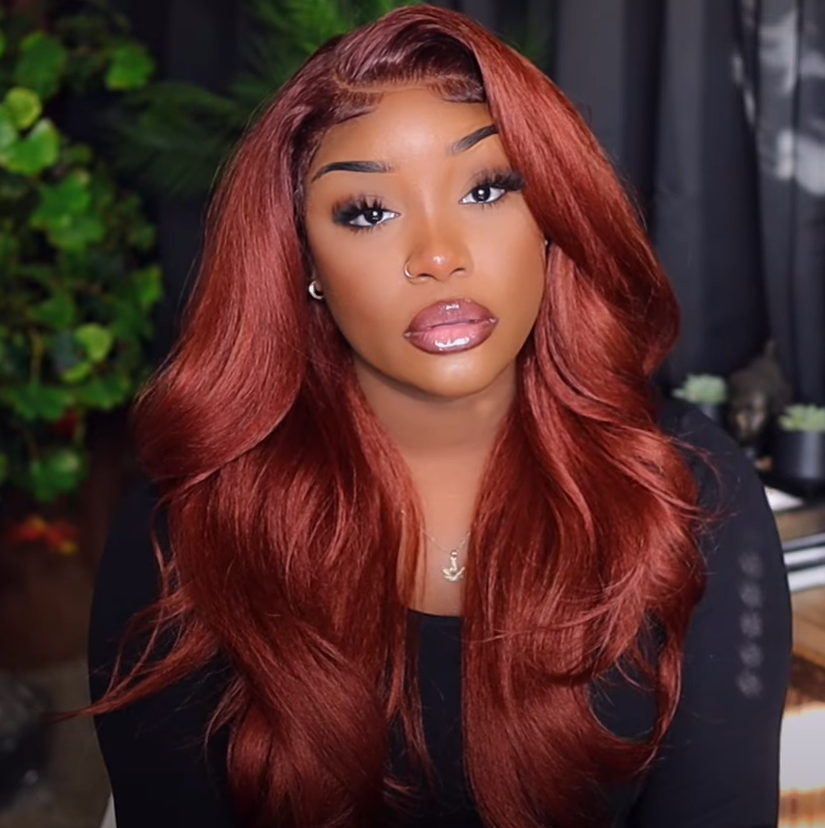 Reddish Brown Body Wave Transparent Lace Front Wigs Deep Hairline 100% Human Hair #33 Auburn Color Fall Wigs