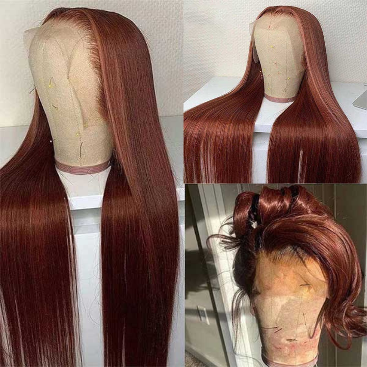 Flash Sale Extra 50% Off £¬Code£ºHALF50 ,Reddish Brown Transparent Lace Front Straight Wigs Deep Hairline 100% Human Hair Auburn Color Fall Wigs