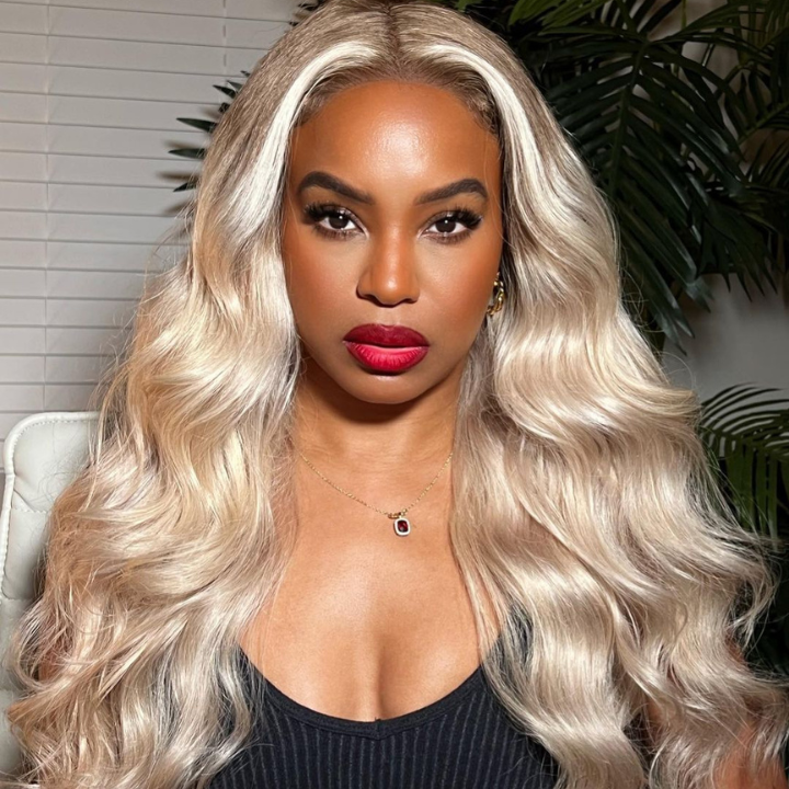 Ash Blonde Color Human Hair Body Lace Front Wigs Pre-Plucked Dark Root Mix #613 Hot Color Wigs-Amanda Hair