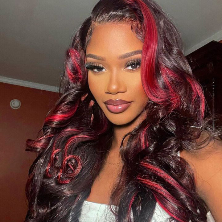 Highlight Transparent Lace Front Human Hair Wigs Loose Wave Ombre Red Highlights Color 13x4/4x4 Lace Frontal Wig No Code Needed-Amanda Hair