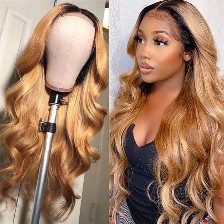1B/27 Ombre Color Guleless Body Wave T Lace Part Wig Remy Human Hair Middle Part Frontal Wigs - Amanda Hair