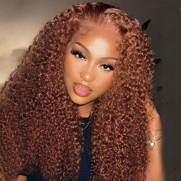 Long Kinky Curly Human Hair Light Chestnut Brown Lace Front Wigs Preplucked Medium Auburn Hair Color Wigs