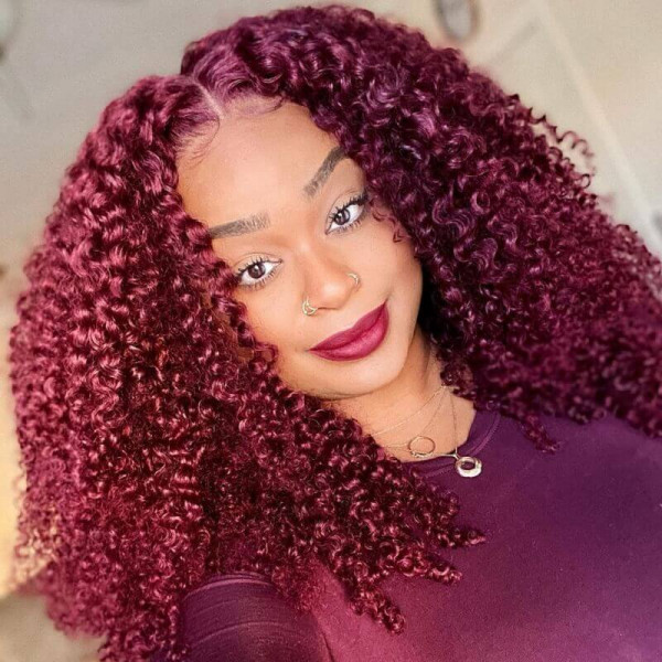 Burgundy 99J Color Jerry Curly T Part 13*4 Lace Frontal Human Hair Wig 180% Density Lace Part Wigs - Amanda Hair