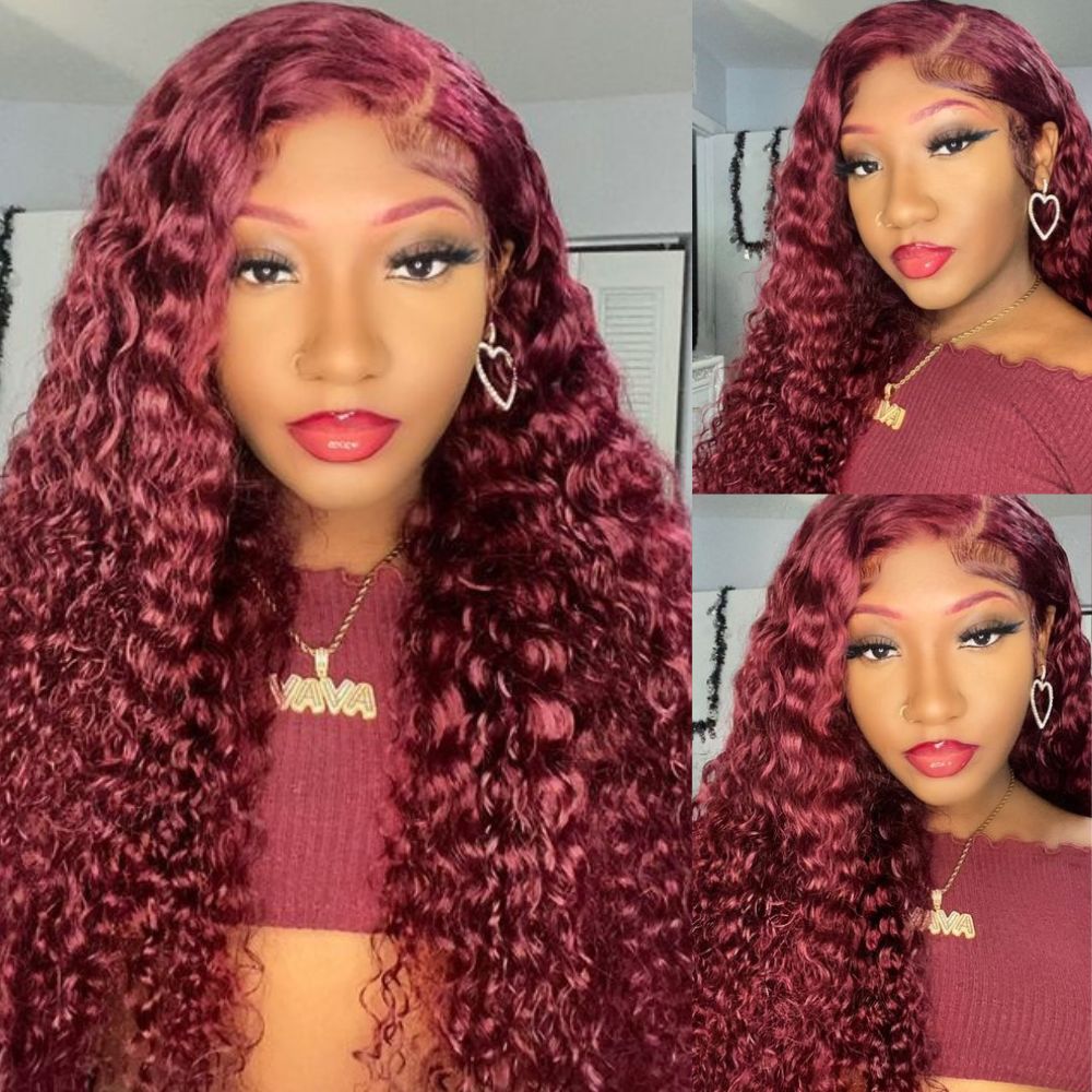 99J Curly Human Hair Wigs Burgundy Colored HD Transparent 13X4 Lace Frontal Preplucked Red Wine Hair Wig-Amanda Hair