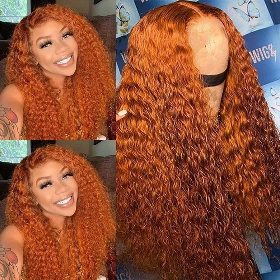 Ginger Orange Color Human Hair Curly Lace Front Wigs