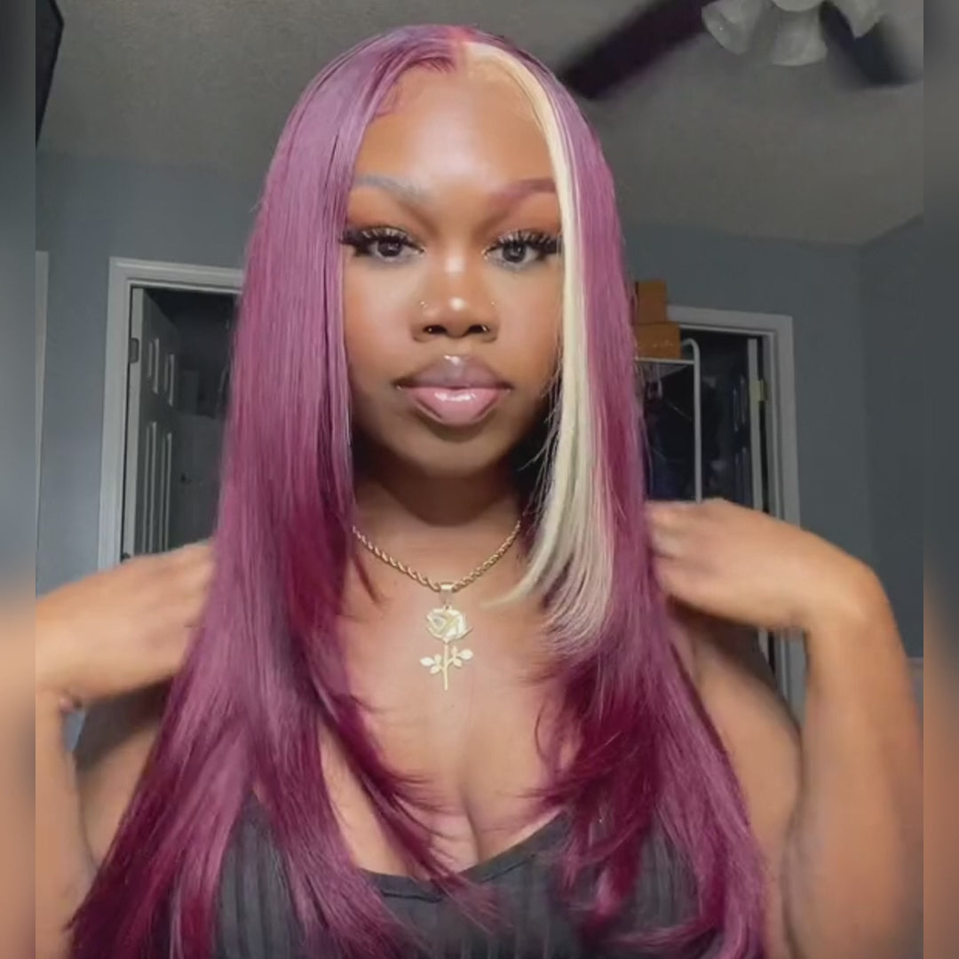 Tiktok EbonyRosa Same Wig Straight 13*4 Lace Front Red Wine & Blonde Skunk Stripe Color  99J Burgundy Wig-Amanda Hair