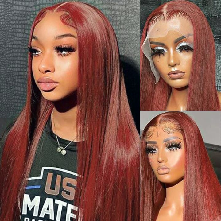 Flash Sale Extra 50% Off £¬Code£ºHALF50 ,Reddish Brown Transparent Lace Front Straight Wigs Deep Hairline 100% Human Hair Auburn Color Fall Wigs