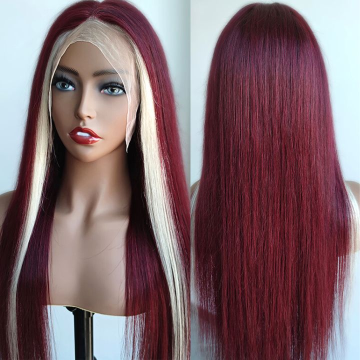 Tiktok EbonyRosa Misma peluca Recta 13 * 4 Frente de encaje Vino tinto Rubio Skunk Stripe Color 99J Borgoña Peluca-Amanda Hair