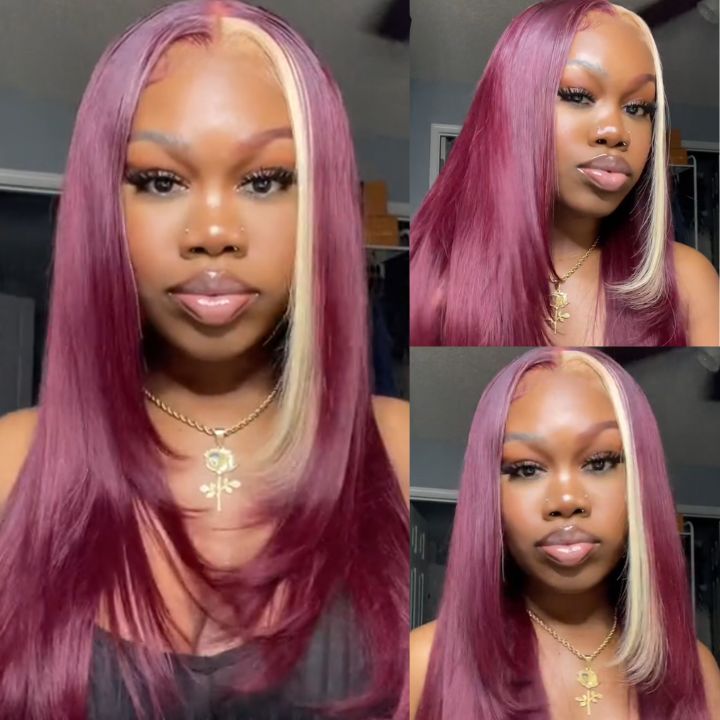 Flash Sale : Straight 13*4 Lace Front Red Wine & Blonde Skunk Stripe Color  99J Burgundy Wig-Amanda Hair