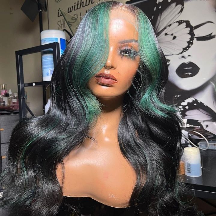 Highlight Money Piece Mint Green Transparent Lace Front Human Hair Wigs Body Wave 13x4/4x4 Lace Color Wig-Amanda Hair