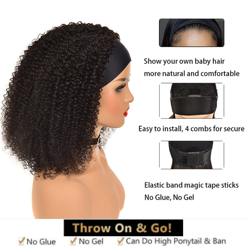 Kinky Curly Headband Wigs Human Hair 150% Density Glueless Wig