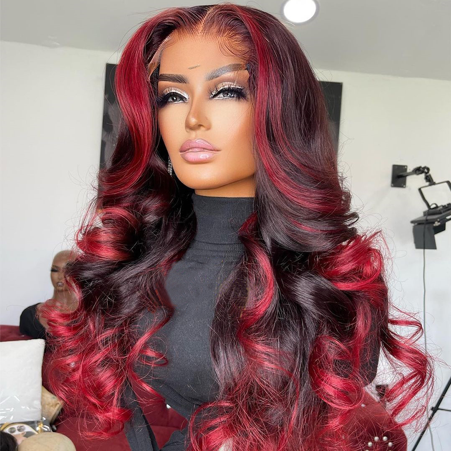 Highlight Transparent Lace Front Human Hair Wigs Loose Wave Ombre Red Highlights Color 13x4/4x4 Lace Frontal Wig No Code Needed-Amanda Hair