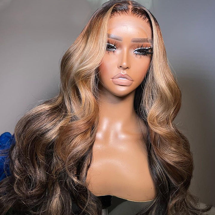 Highlight Body Wave 13x4 Lace Front / 4 * 4 Lace Closure Wigs Ombre Light Blonde Color Wig With Baby Hair - Amanda Hair