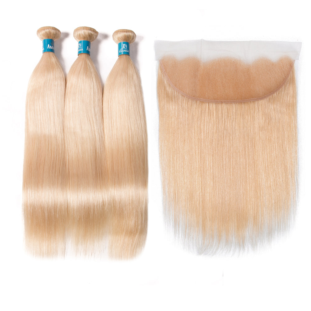 Bundles colorés avec dentelle frontale 13 * 4 613 Golden Silk Straight 100% Cheveux humains Cheveux blonds - Amanda Hair