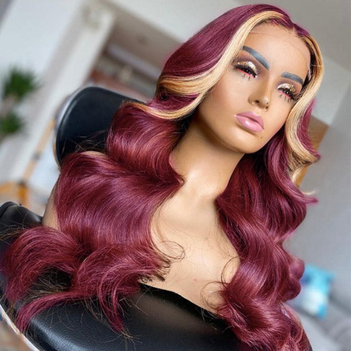 Skunk Stripe Straight 13 * 4 Lace Front Red Wine &amp; Blonde Highlight Color Peluca-Amanda Hair
