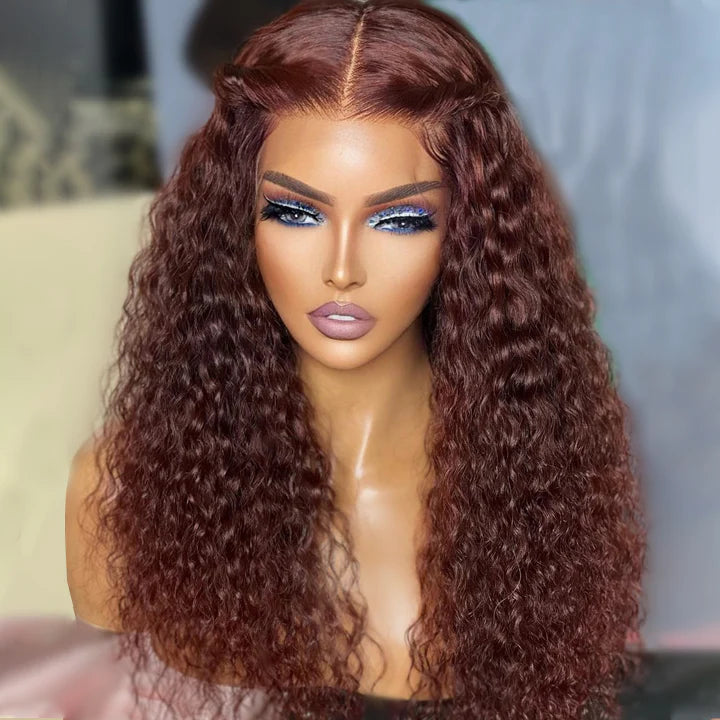 Pelucas de encaje transparente rizado marrón rojizo Línea de cabello profunda 100% Cabello humano HD Pelucas delanteras de encaje transparente-Amanda Hair