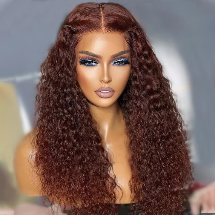 Pelucas de encaje transparente rizado marrón rojizo Línea de cabello profunda 100% Cabello humano HD Pelucas delanteras de encaje transparente-Amanda Hair
