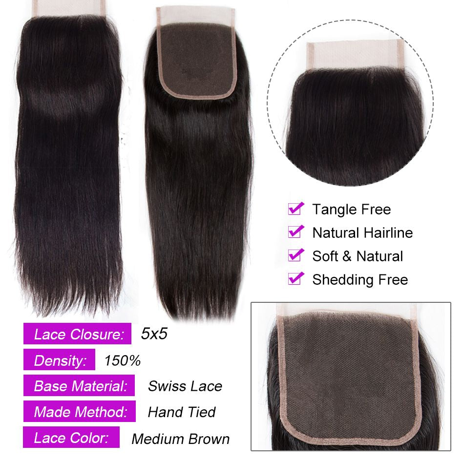 Straight 5*5 Transparent Undetectable Lace Closure Invisible Knots Human Hair 100% Remi Human Hair - Amanda Hair