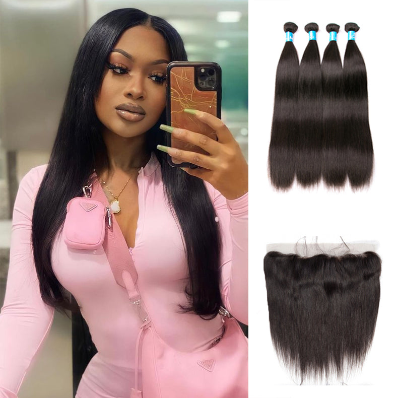 Amanda Mongolian Straight Hair 4 Bundles With 13*4 Lace Frontal 9A Grade 100% Unprocessed Human Hair