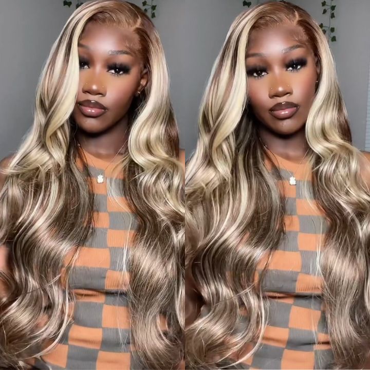Highlight Tea Brown Straight 13x4 Transaparent Lace Frontal Color Glueless Wigs Pre-plucked with Baby Hair
