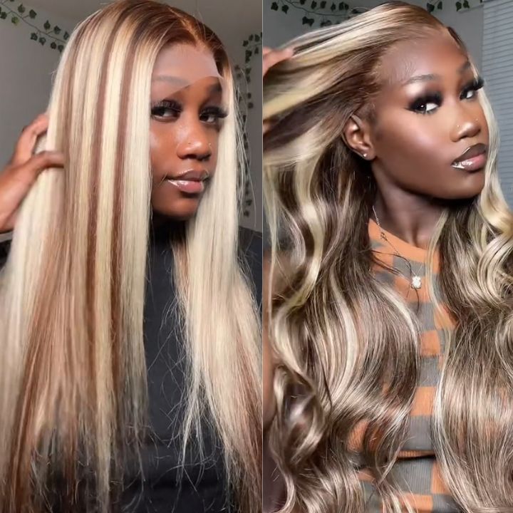 Highlight Tea Brown Straight 13x4 Transaparent Lace Frontal Color Glueless Wigs Pre-plumed with Baby Hair
