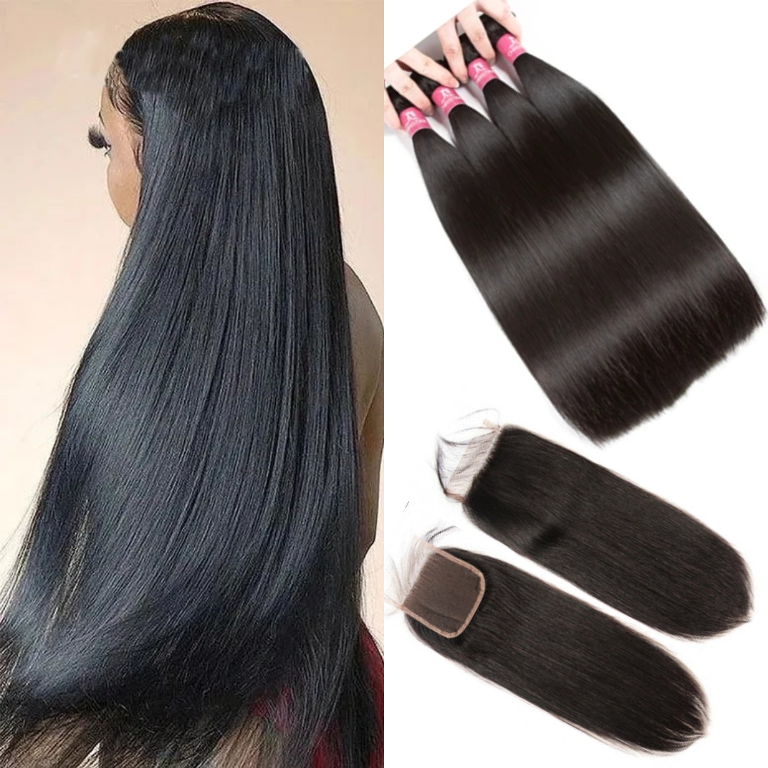 Amanda Indian Straight Hair 4 Bundles With 4*4 Lace Closure 10A Grade 100% Remy Human Hair