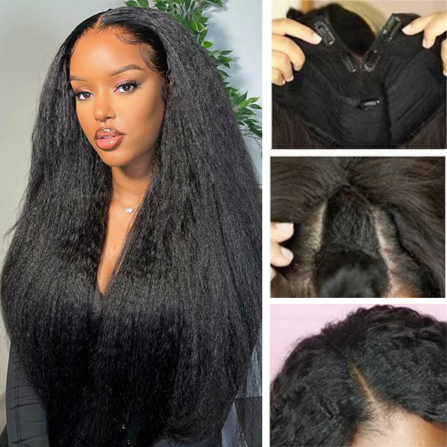 Kinky Straight V Part Wig Beginner Friendly Undetectable No Leave Out Natural Scalp Protective Upgrade Glueless Human Hair Wigs- Amanda Hair