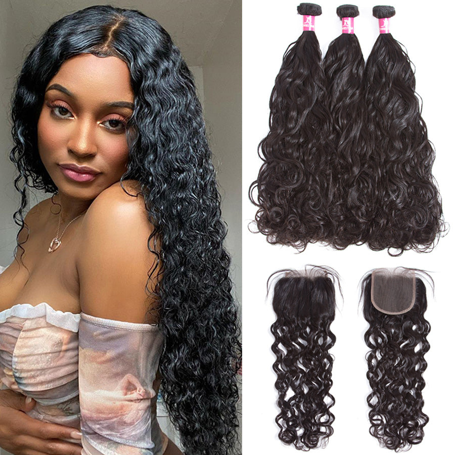 Brazilian Water Wave 3 Bundles With 4*4 Lace Closure 10A Grade 100% Remi Human Hair Hot Sell Wave Bundles Hair Extensions - Amanda Hair